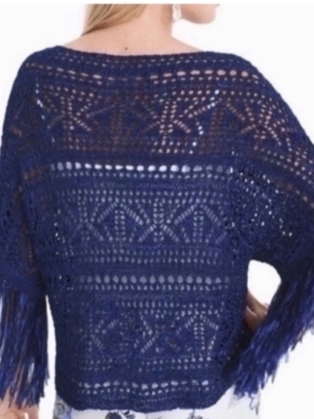 WHBM Fringed Open Weave Tunic in Navy Womens XS Wide Neckline Coastal Cowgirl